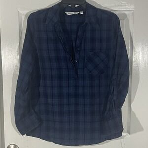 EMILY DANIELS Plaid Collared Button Neck Tunic Shirt Size Small Blue